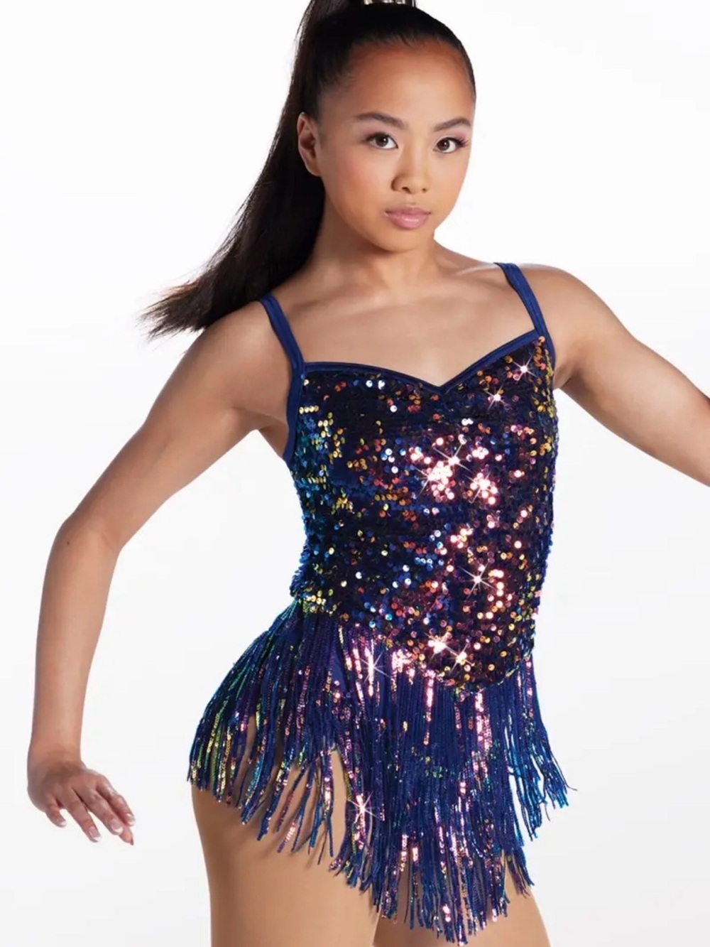Weissman Navy Sequin Fringe Dance Dress- jazz or tap costume Adult Small